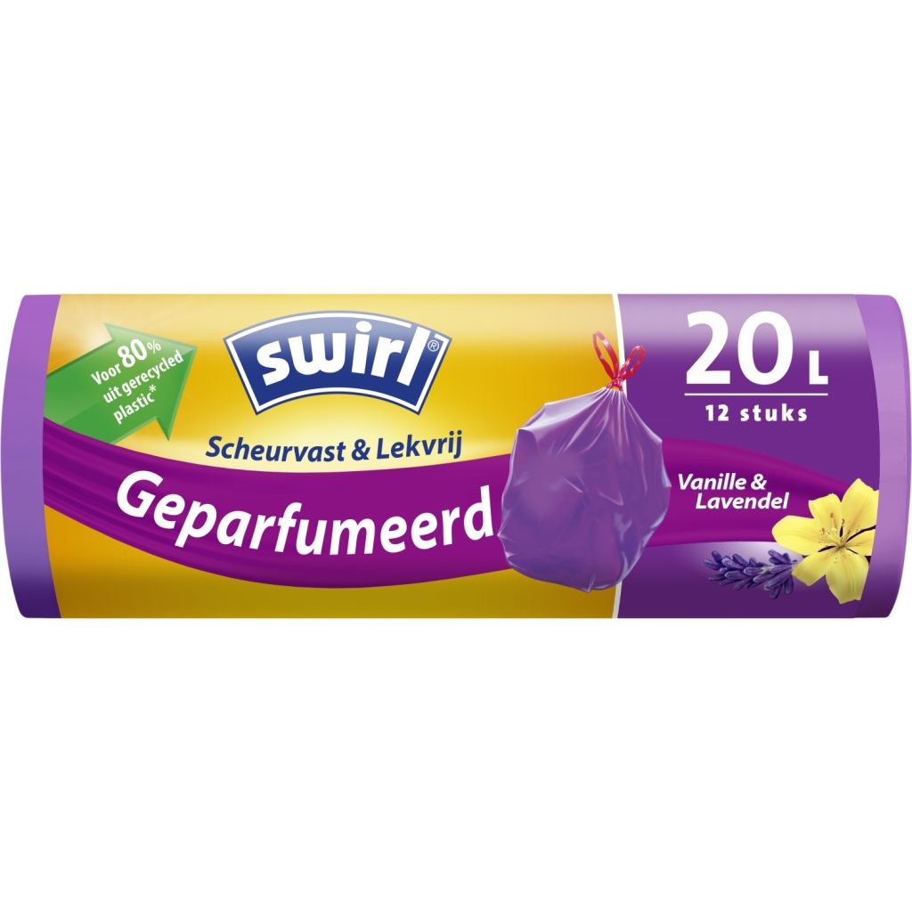 Swirl Swirl Pedaalemmerzak met Trekband Geparfumeerd Vanille-Lavendel 20L 12 Stuks