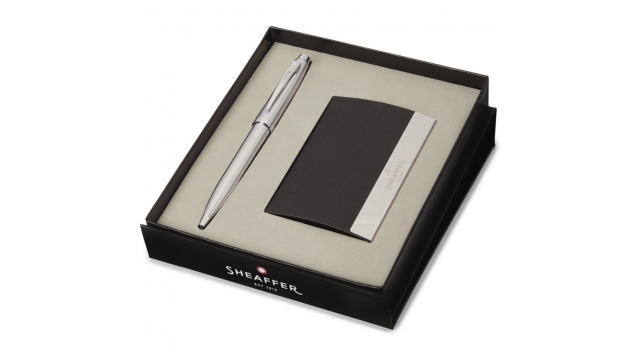 Sheaffer SF-G2930651-3 Balpen 100 M Giftset Brushed Chrome Nickel Plated + Visitekaarthouder