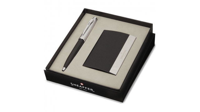 Sheaffer SF-G2931351-3 Balpen 100 M Giftset Glossy Black Barrel- Brushed Nickel Plated + Visitekaarthouder